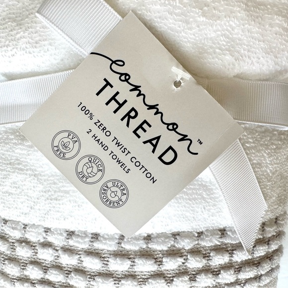 Common Thread 2 Pc Hand Towels Set 100% Zero Twist Cotton White W/ Gray So SOFT - Picture 4 of 7